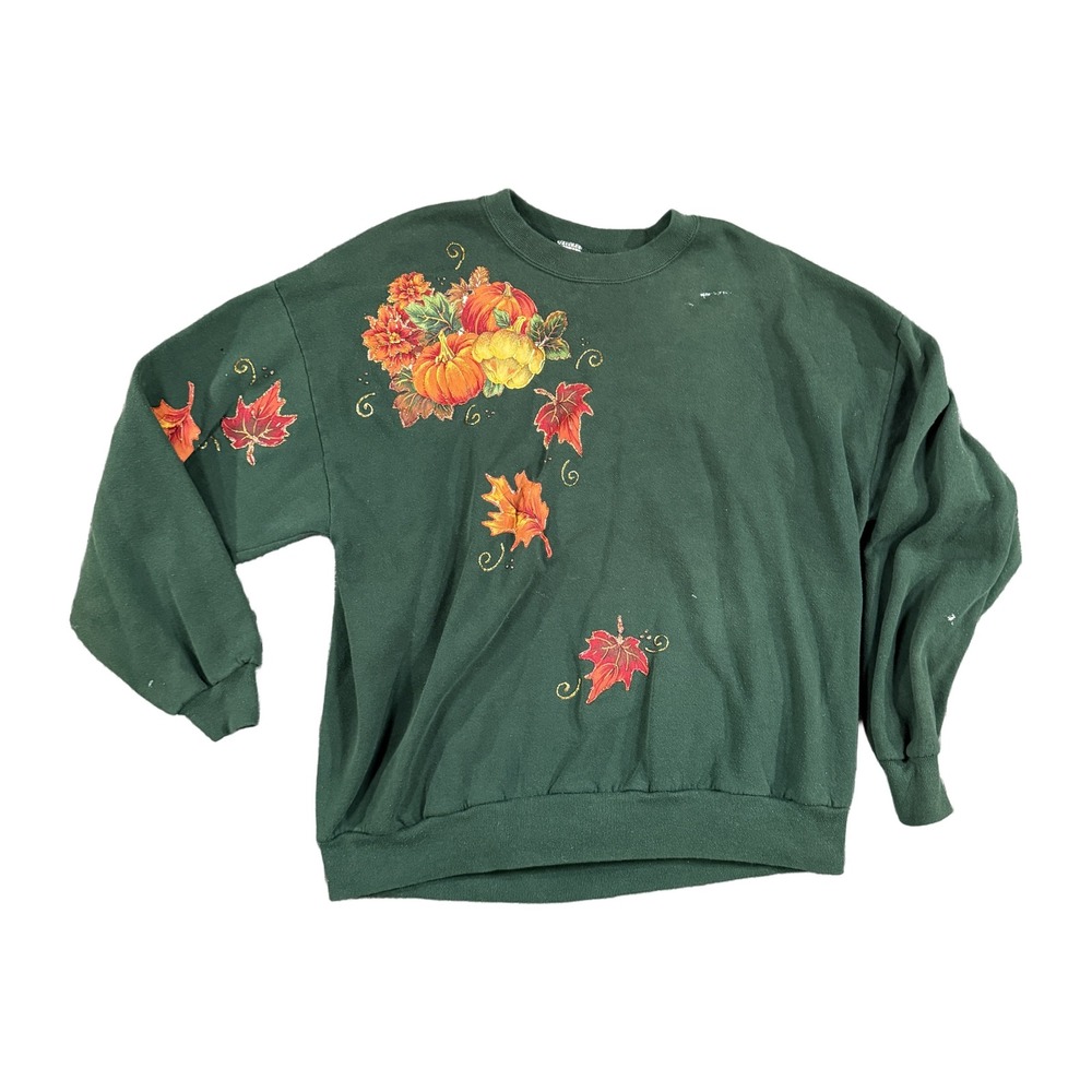 Vintage Jerzees Fall Pumpkin Leaves Sweatshirt Green 2X Made in USA 90s Distress